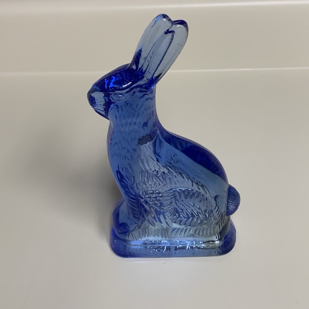 Vintage Happy Easter Molded Glass Blue Rabbit Candy Container 7.5"  w Stopper